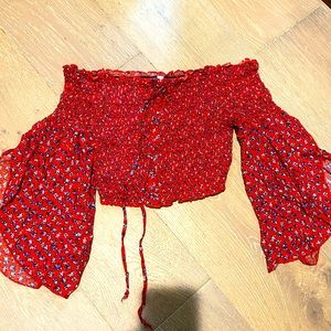 Strapless red floral print cropped peasant top